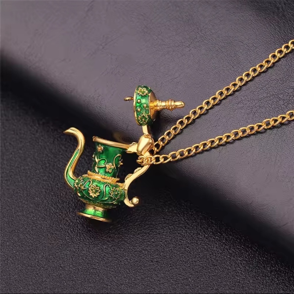 Vintage Green Teapot  – Gold Enamel Long Chain Beautiful Necklace